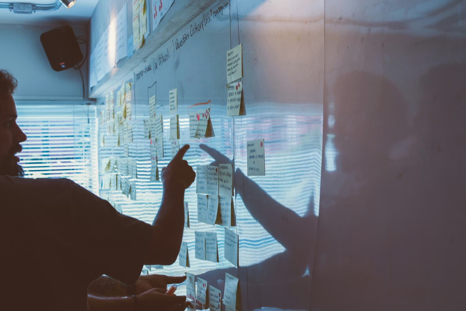A collaborative strategy session with research notes arranged on a wall